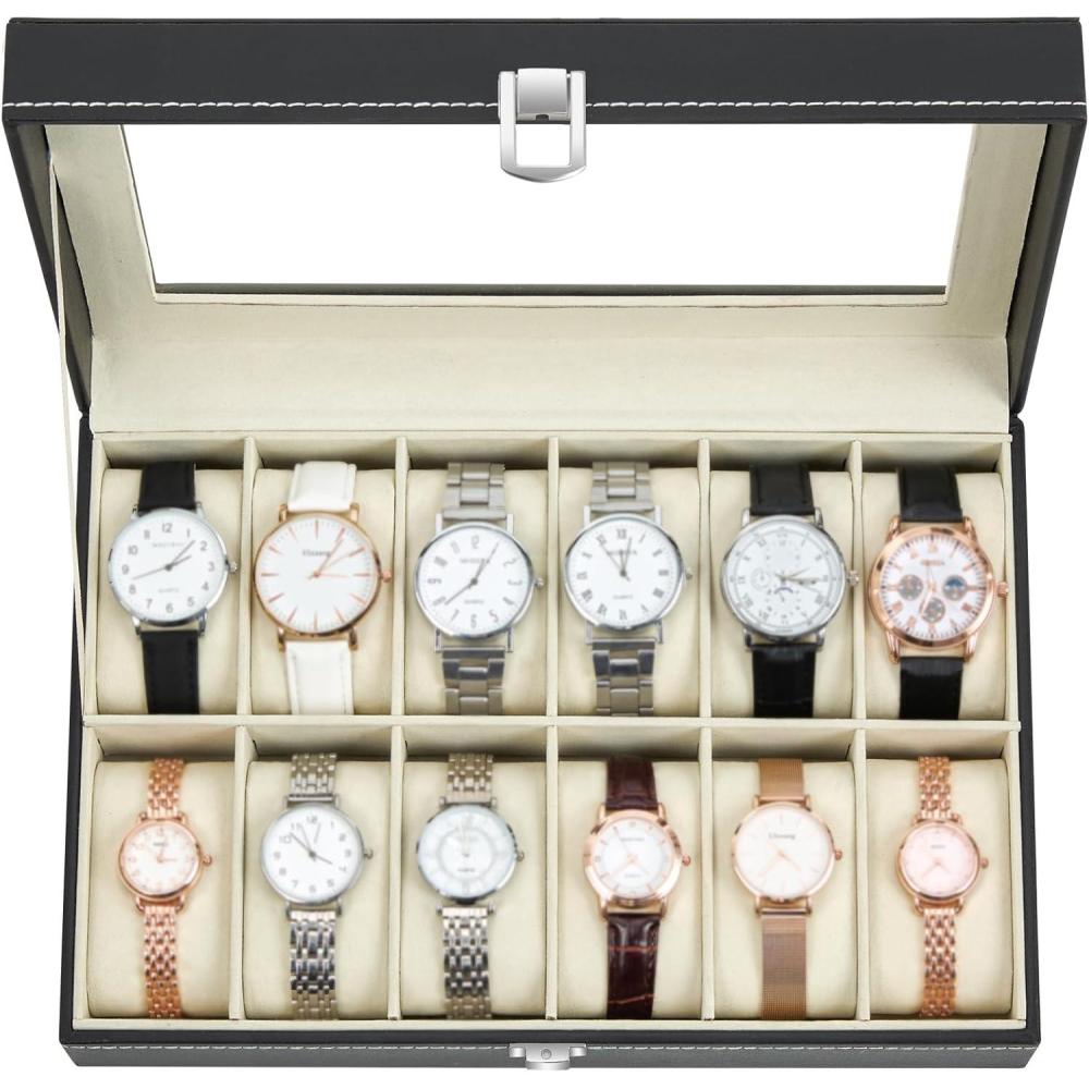 imageOhuhu Watch Case 12 Slot PU Leather Real Glass Lid Watch Box Watch Holder Organizer Display Storage Box Soft Velvet Jewelry Box for Men and Women Birthday Fathers Day Valentines Day Gifts