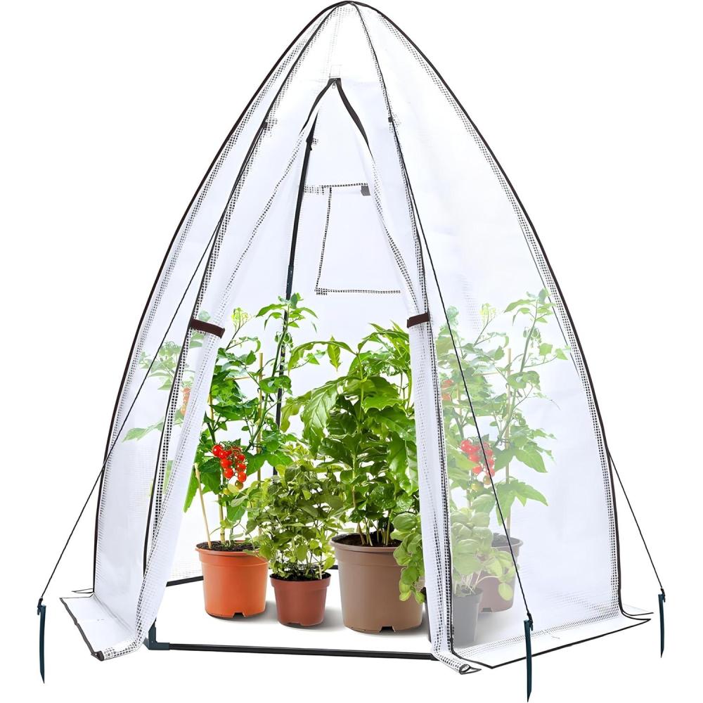 imagePortable Greenhouse for Outsides Ohuhu Heavy Duty Green House Tent with Durable PE Cover Garden Plant Protector with Zippered Door Mesh Window for Vegetables Flowers Fruits Herbs 63x54x71 Inchpointed roof  white