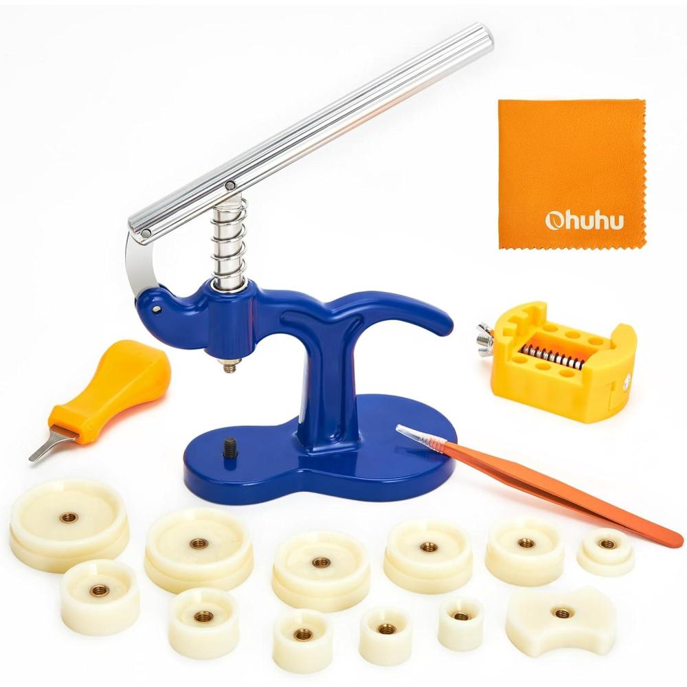 imageWatch Press Set Ohuhu Upgraded Professional 27 Piece Watch Back Cover Removal Back Case Closer Battery Replacement Tool kit with 12 Dies Tweezers Case Back Protective Films Cleaning Cloth Fathers Day