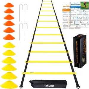 Agility Ladder Speed Training Set: Ohuhu 12 Rung 20ft Soccer Training Equipment for Kids with 12 Cones, 4 Steel Stakes, Instruction Manual & Carrying Bag for Football Exercise Sports Footwork Training