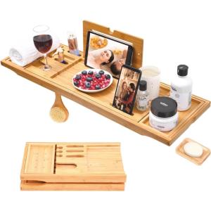 Bathtub Tray Ohuhu Premium Bamboo Bathtub Caddy Tray Expandable Foldable Bath Tray with Anti-Slip Grips Soap Wine Phone Holder Mothers Day