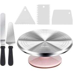 Cake Turntable, Ohuhu Aluminium 12” Cake Decorating Kit Supplies Rotating Stand Revolving Spinner with 2 Icing Spatula 3 Comb Smoother Perfect Gifts(Pink)