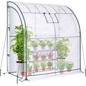 Lean to Greenhouse for Outdoors: Ohuhu Portable Tomato Green House Heavy Duty with Roll-Up Zippered Door, Tall Plastic Greenhouses for Outside Winter Plants Growing Shed for Backyard, 6.6×2.5×5.6 FT(White PE)