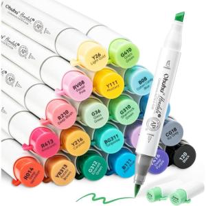 Ohuhu Alcohol Markers Brush Tip, AP Certificated 24 Basic Colors Double Tipped Alcohol Based Art Marker Set for Artist Sketching Adult Coloring Illustration – Brush and Chisel Dual Tips – Honolulu 2