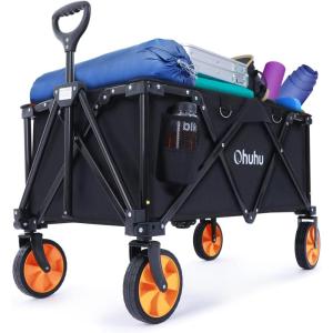 Ohuhu Collapsible Folding Wagon Cart: Extra Reinforced Foldable Wagons with 400 LB Capacity Heavy Duty Utility Outdoor Grocery Shopping Carts with Removable Wheels & 2 Drink Holders for Camping Picnic