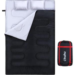 Ohuhu Double Sleeping Bag: Queen Size 2 Person 3 Season for Warm & Cold Weather Camping Sleeping Bag with 2 Pillows, Large Size 87” x 60” Waterproof Lightweight
