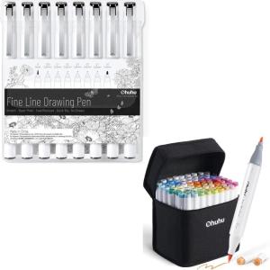 Ohuhu Fineliner Pens 8 Sizes Micro Pens Pigment Black Ink Waterproof Alcohol Proof Alcohol Markers Brush Fine Tips 72 Colors Art Markers