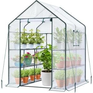 Ohuhu Greenhouse for Outdoors with Screen Windows, 57 x 57 x 76” Walk in Plant Greenhouses Heavy Duty with Durable PE Cover, 3 Tiers 12 Shelves Stands Plastic Portable Green House with Shelf Clips(White PE Cover)