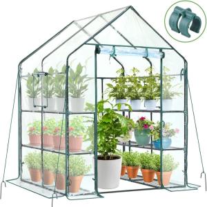 Ohuhu Greenhouse for Outdoors with Screen Windows, 57 x 57 x 76” Walk in Plant Greenhouses Heavy Duty with Durable PE Cover, 3 Tiers 12 Shelves Stands Plastic Portable Green House with Shelf Clips(Clear PVC Cover)