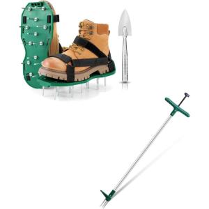 Ohuhu Lawn Aerator Shoes+ Weed Puller Tool, Detachable Stand-Up Weed Puller Tool with Long Handle