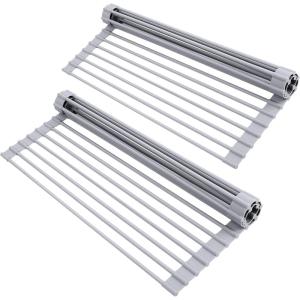Ohuhu Over Sink Dish Drying Rack, 2 Pack Roll Up Drying Rack 17″ L x 13″ W Heat-Resistant Anti-Slip Silicone Coated Sink Drying Racks Mat for Kitchen Counter Organizer