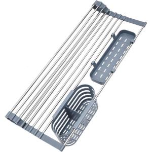 Ohuhu Over Sink Dish Drying Rack, Expandable Multipurpose Roll Up Dish Racks, Up to 23” with 2 Utensil Holders, Dish Drainer for Kitchen Counter Sink Organizer Heat-Resistant Mat