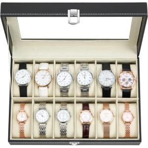 Ohuhu Watch Case 12 Slot PU Leather Real Glass Lid Watch Box Watch Holder Organizer Display Storage Box Soft Velvet Jewelry Box for Men and Women Birthday Fathers Day Valentine’s Day Gifts