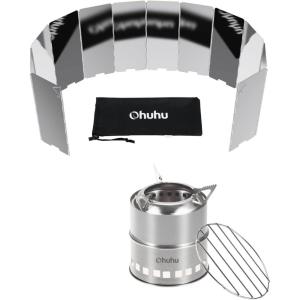 Ohuhu Wood Burning Camp Stoves + 12 Plates Camp Stove Windscreen for Camping Picnic, Backpacking, Cooking
