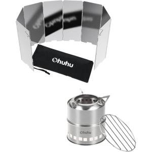 Ohuhu Wood Burning Camp Stoves + 8 Plates Camp Stove Windscreen for Camping Picnic, Backpacking, Cooking