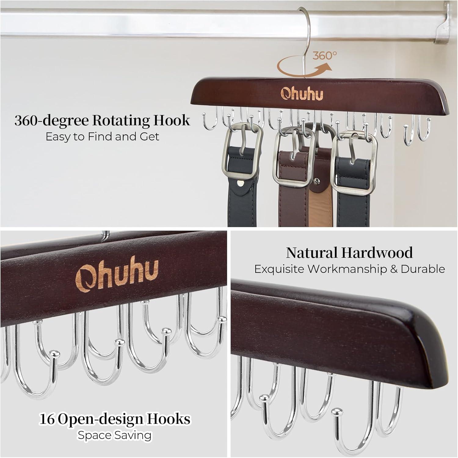 imageBelt Hanger Organizer for Closet Ohuhu 16 Hooks Max 48 Belts Tie Rack Wooden Belt Holder for Storage 360 Degree Rotating Space Saver Organizer for Men Women Belt Tie Scarf Tank Top AccessoriesWalnut