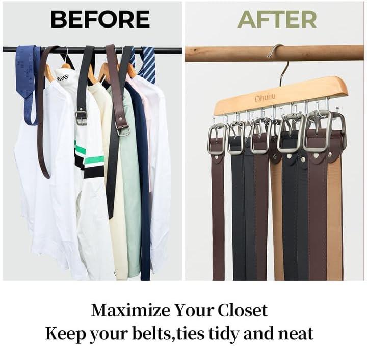 imageBelt Hanger Organizer for Closet Ohuhu 16 Hooks Max 48 Belts Tie Rack Wooden Belt Holder for Storage 360 Degree Rotating Space Saver Organizer for Men Women Belt Tie Scarf AccessoriesBurlywood