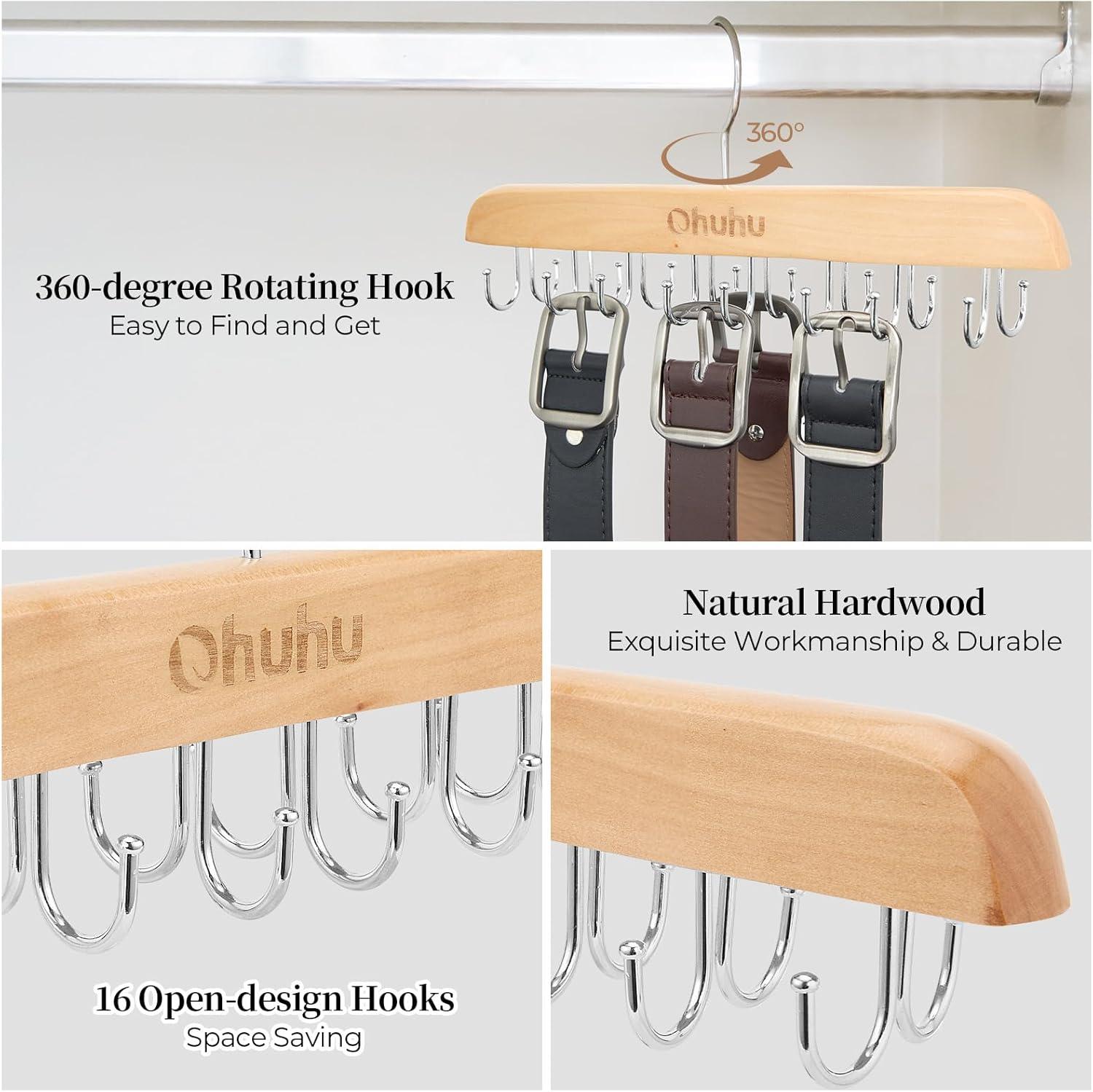 imageBelt Hanger Organizer for Closet Ohuhu 16 Hooks Max 48 Belts Tie Rack Wooden Belt Holder for Storage 360 Degree Rotating Space Saver Organizer for Men Women Belt Tie Scarf AccessoriesBurlywood