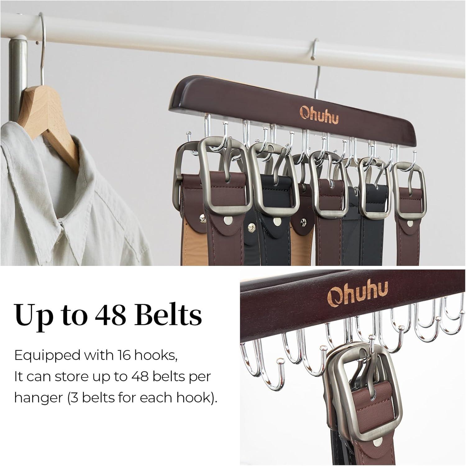 imageBelt Hanger Organizer for Closet Ohuhu 16 Hooks Max 48 Belts Tie Rack Wooden Belt Holder for Storage 360 Degree Rotating Space Saver Organizer for Men Women Belt Tie Scarf Tank Top AccessoriesWalnut