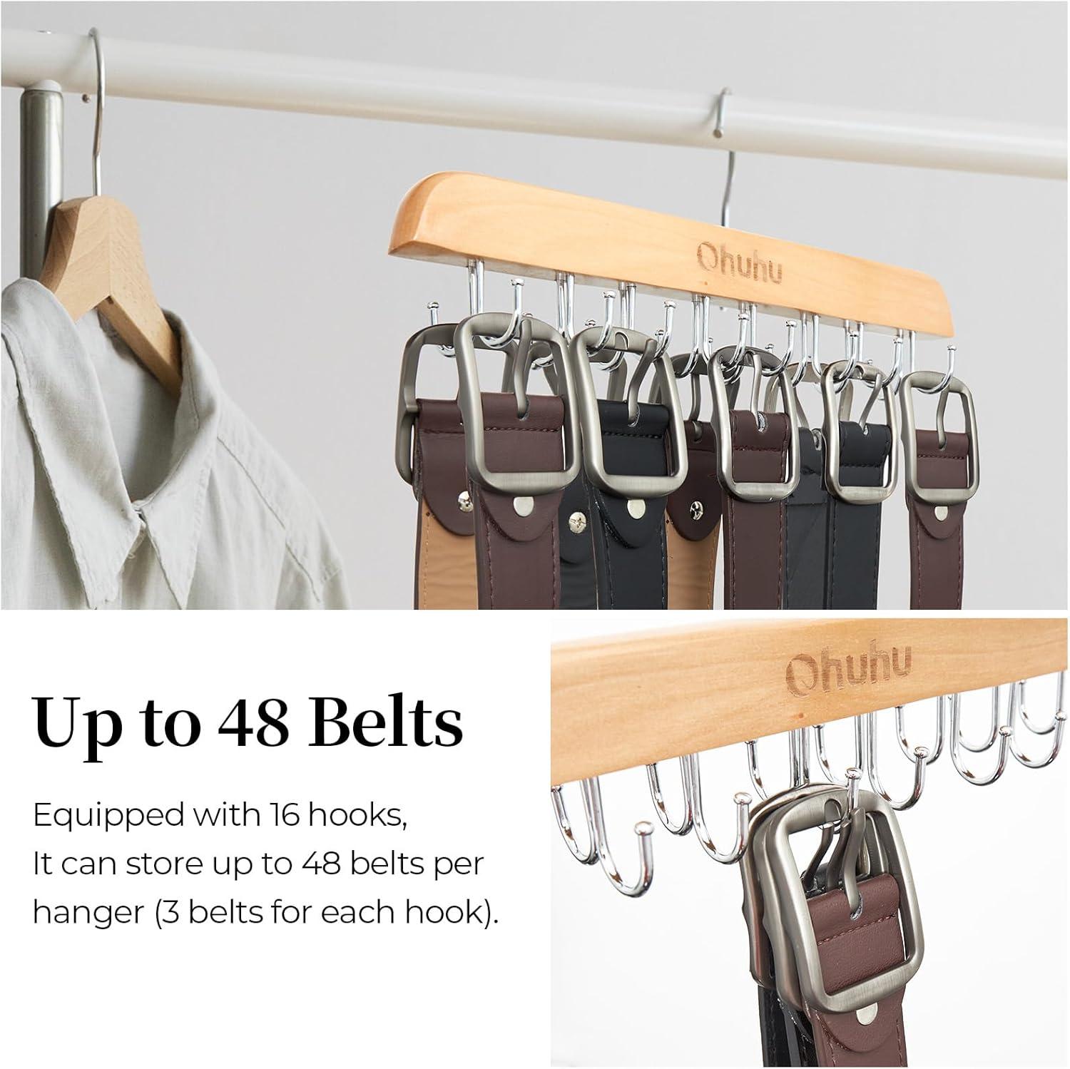 imageBelt Hanger Organizer for Closet Ohuhu 16 Hooks Max 48 Belts Tie Rack Wooden Belt Holder for Storage 360 Degree Rotating Space Saver Organizer for Men Women Belt Tie Scarf AccessoriesBurlywood