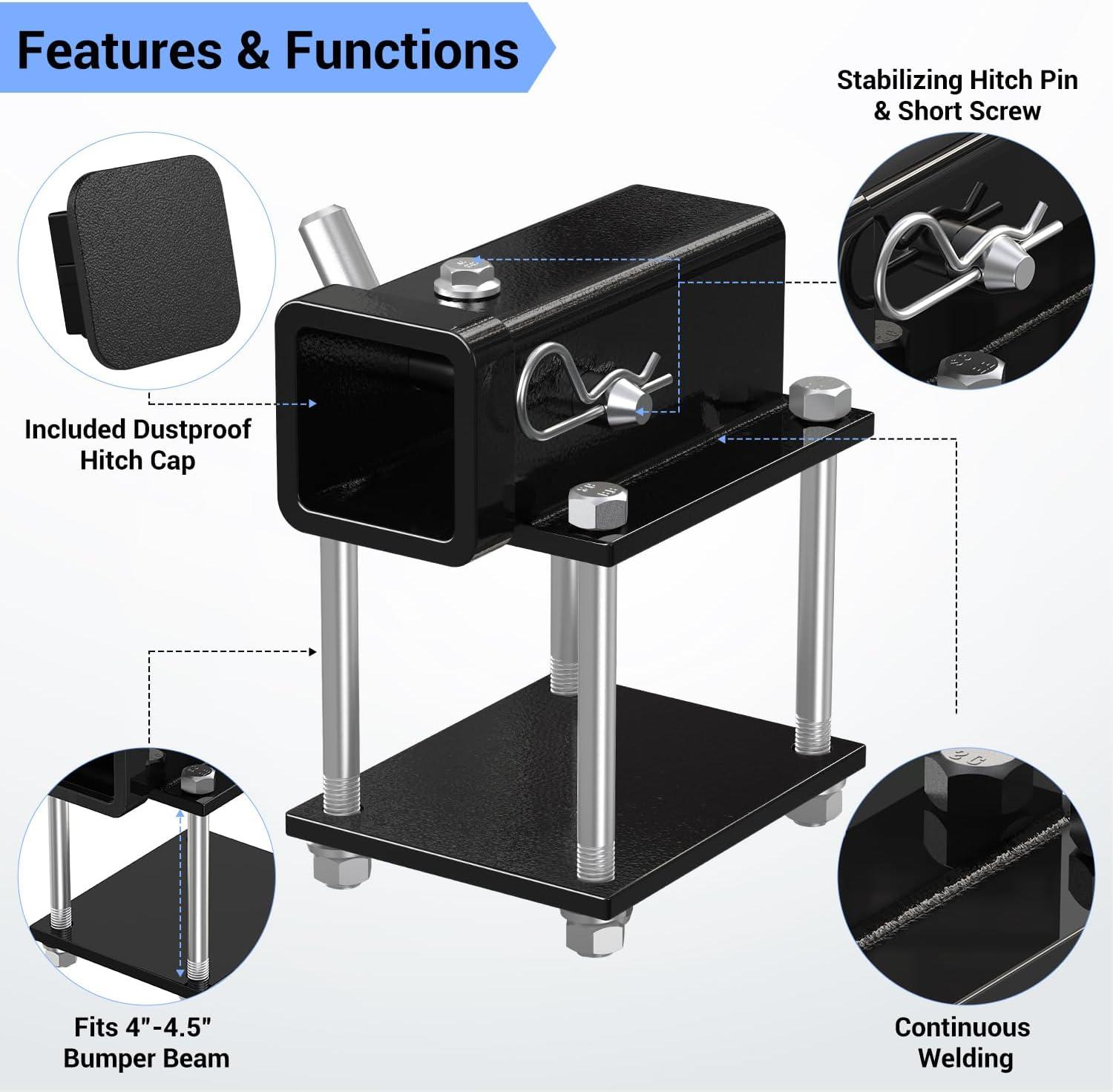 imageOhuhu Bolton RV Bumper Hitch Receiver Adapter Fits 445 Beam 2 Receiver 200Lbs Tongue Weight Capacity Travel Trailer Rear Bumper with Hitch Pin amp Hitch Cover Fit for Camper Bike Racks Cargo CarFit 4 to 45 Bumper Beam