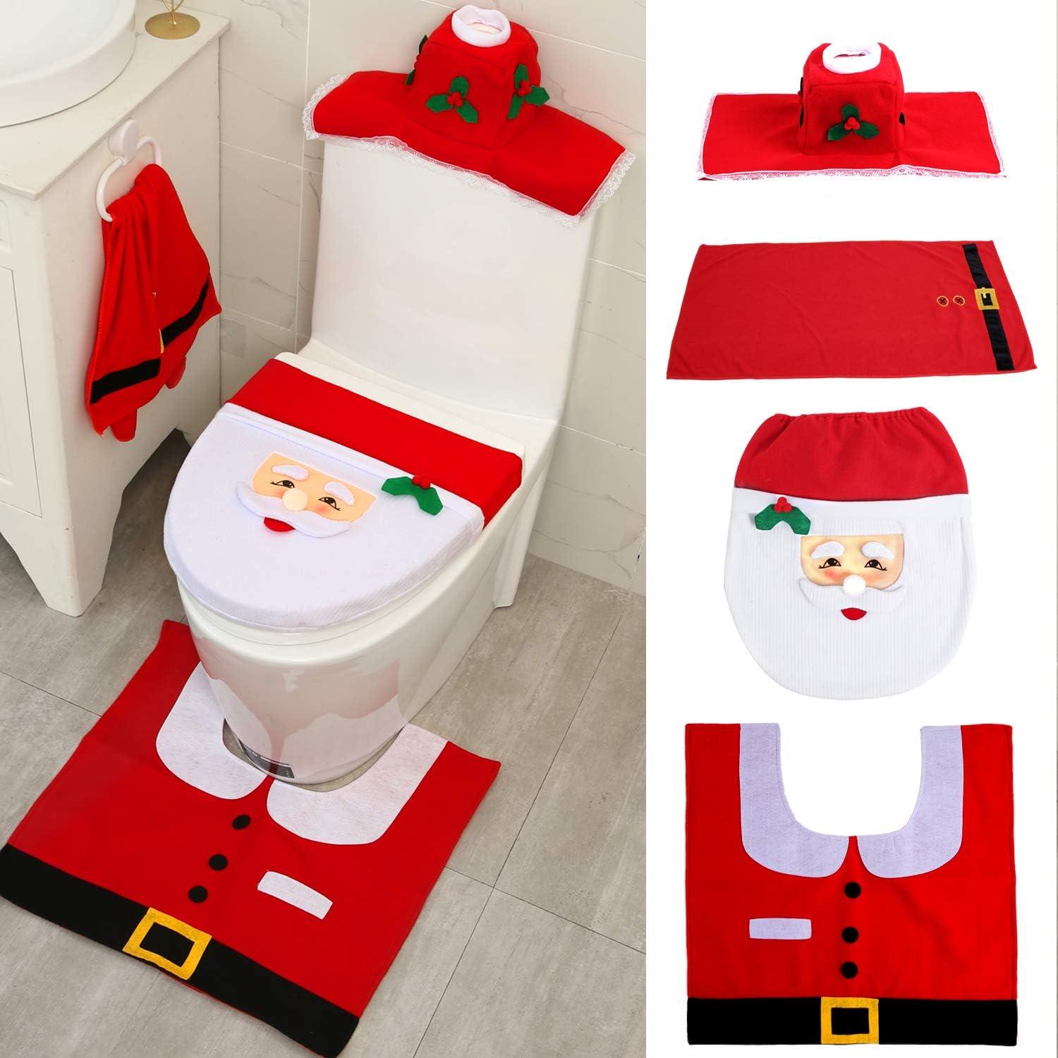 imageOhuhu Christmas Santa Toilet Seat Cover Upgrade 5 PCS Toilet Seat Cover and Rug Set with Towel and Hanging Hook Santa Claus Toilet Seat for Christmas Decorations Bathroom Decor Red
