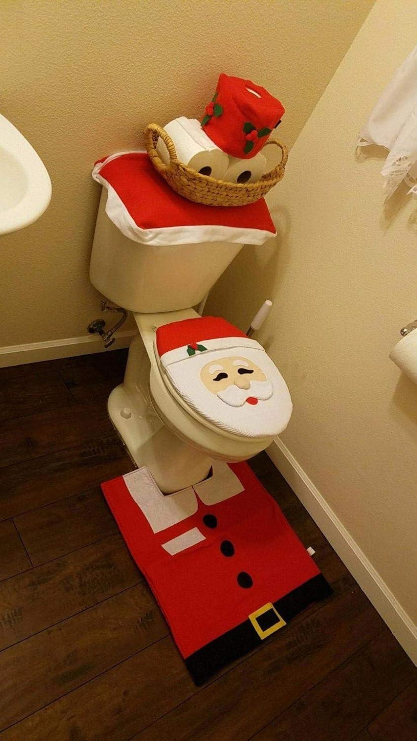 imageOhuhu Santa Toilet Seat Cover 4Piece Christmas Bathroom Sets Toilet Seat Cover and Rug Set Santa on The Toilet Ornament Santa Claus Toilet Seat for Happy Christmas Decorations Bathroom Decor