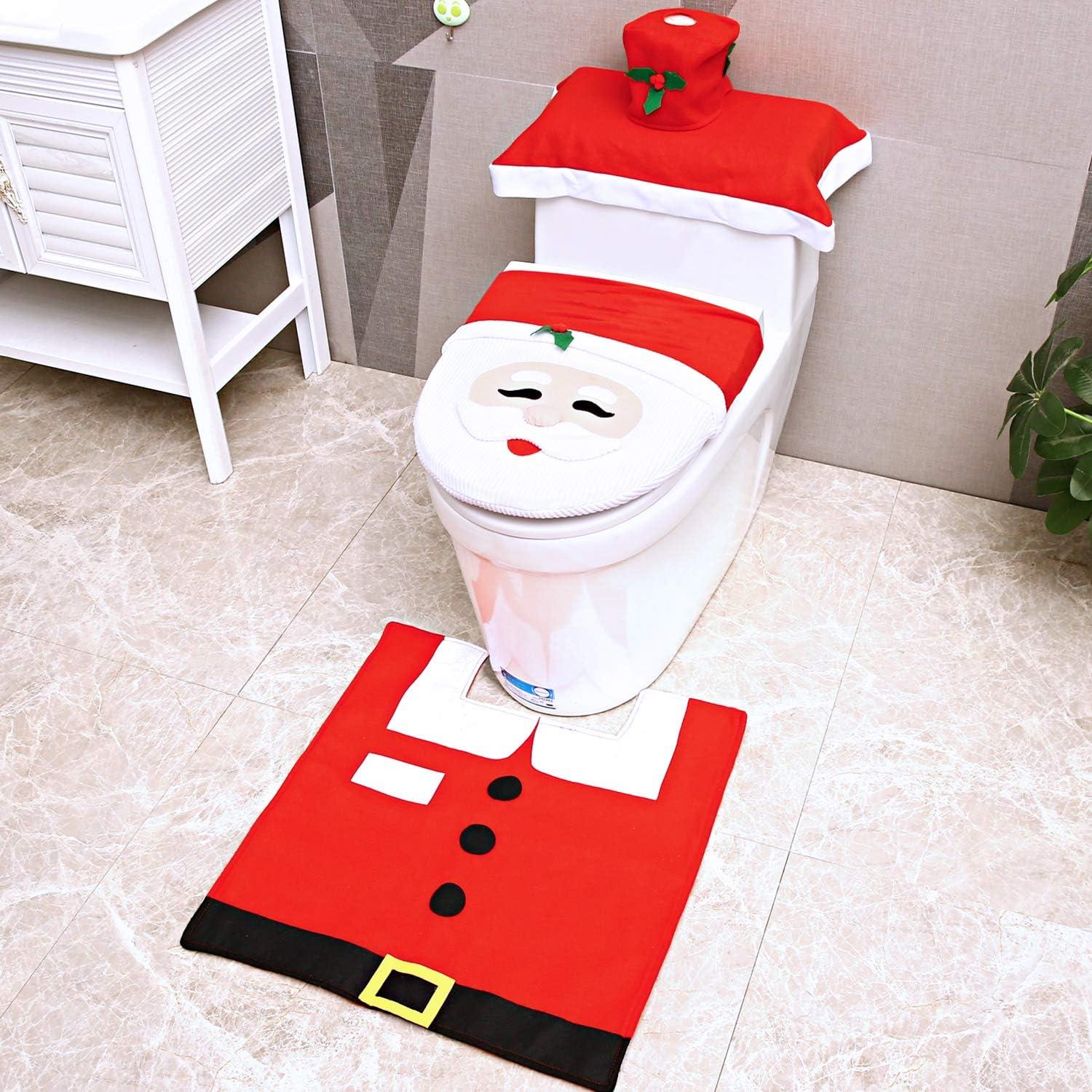 imageOhuhu Santa Toilet Seat Cover 4Piece Christmas Bathroom Sets Toilet Seat Cover and Rug Set Santa on The Toilet Ornament Santa Claus Toilet Seat for Happy Christmas Decorations Bathroom Decor