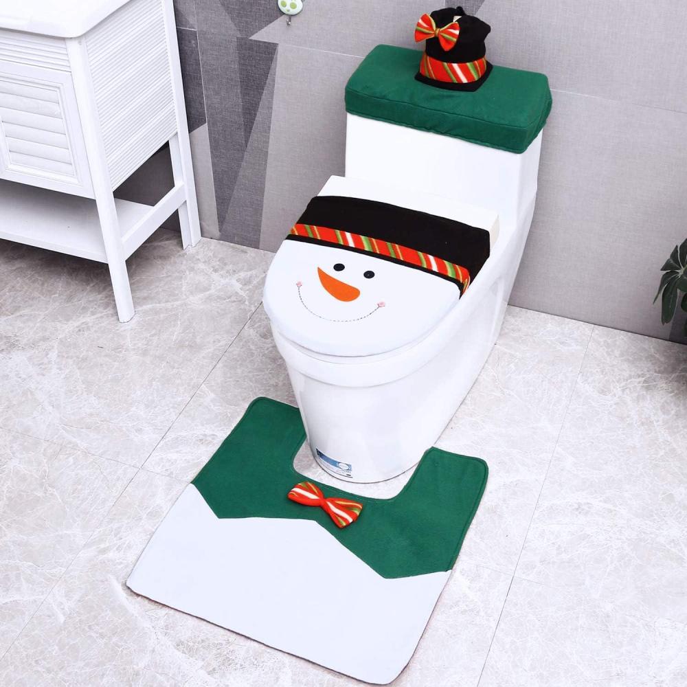 imageChristmas Bathroom Decoration Ohuhu Christmas Toilet Seat Covers 3PCS Snowman Toilet Tank Cover Paper Box Carpet for Christmas Bathroom Decor Christmas Bathroom Sets Green