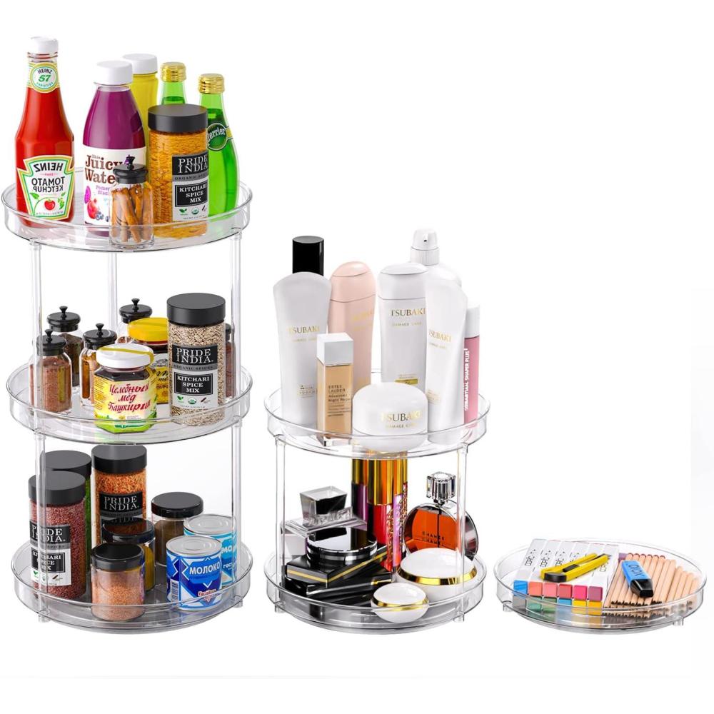 imageOhuhu 2 Pack 3 Tier Lazy Susan Turntable 913 Round Plastic Clear Lazy Susans Cabinet Organizer NonSkid Ultra Storage Turntable Organizer for Kitchen Fridge Countertop