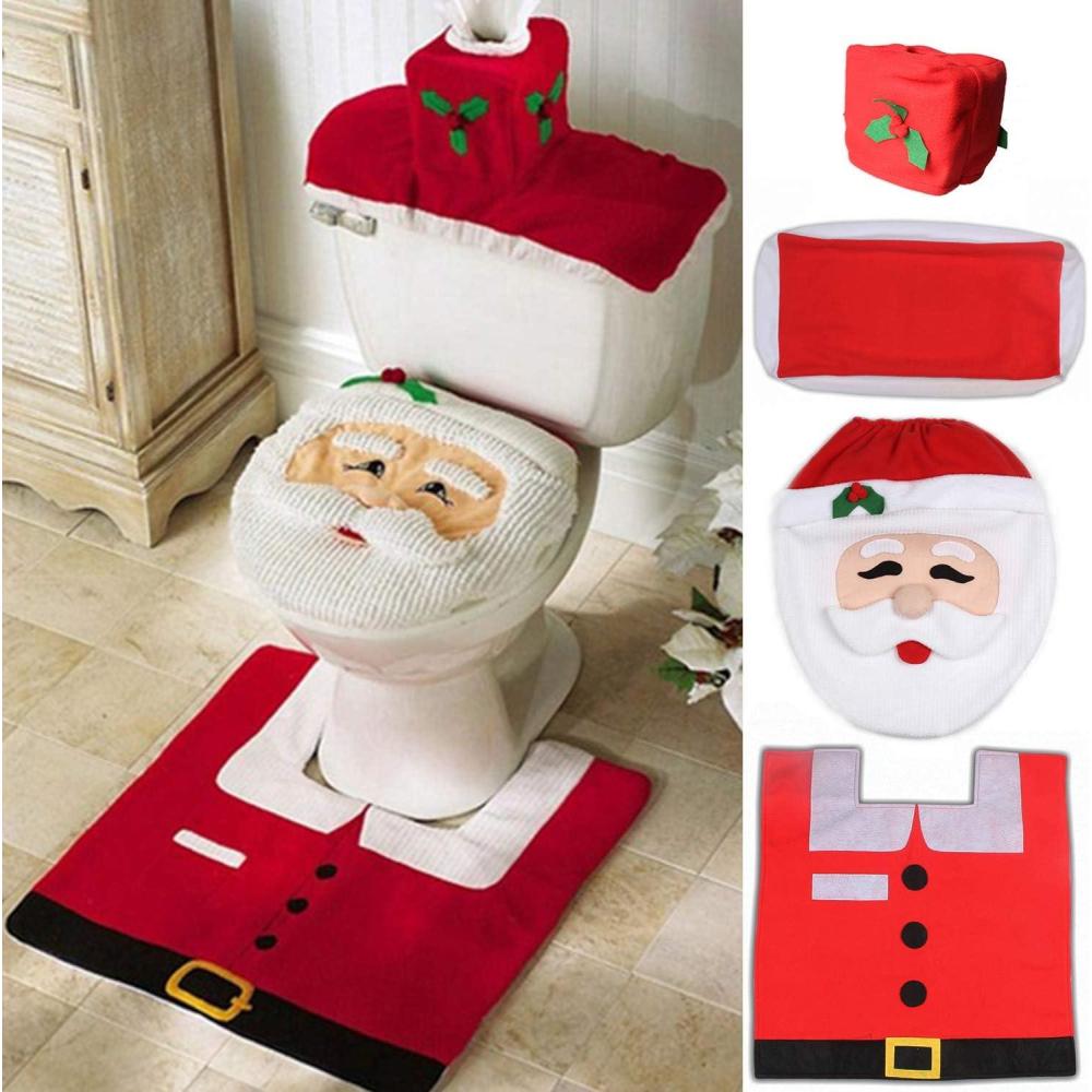imageOhuhu Santa Toilet Seat Cover 4Piece Christmas Bathroom Sets Toilet Seat Cover and Rug Set Santa on The Toilet Ornament Santa Claus Toilet Seat for Happy Christmas Decorations Bathroom Decor