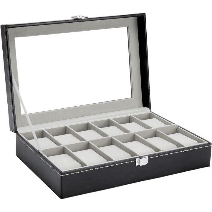 imageOhuhu Watch Case Watch Box Watch Holder for Men 12 Slot PU Leather Watch Holder Real Glass Lid Jewelry Organizer Storage Soft Velvet Watch Display Case for Men Women Fathers Day Valentines Day Gifts