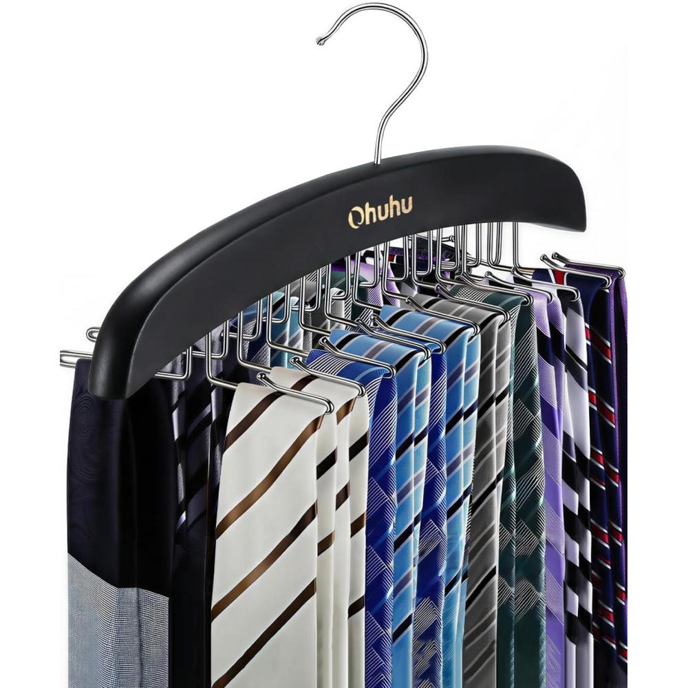 imageTie Rack Hanger for Closet Ohuhu 2 Packs 24 Folding Hooks Tie Hangers for Men Wooden Tie Holder Organizer Space Saving Necktie Storage 360 Degree Rotating Ties Belts Scarves Tank TopsWalnutBlack
