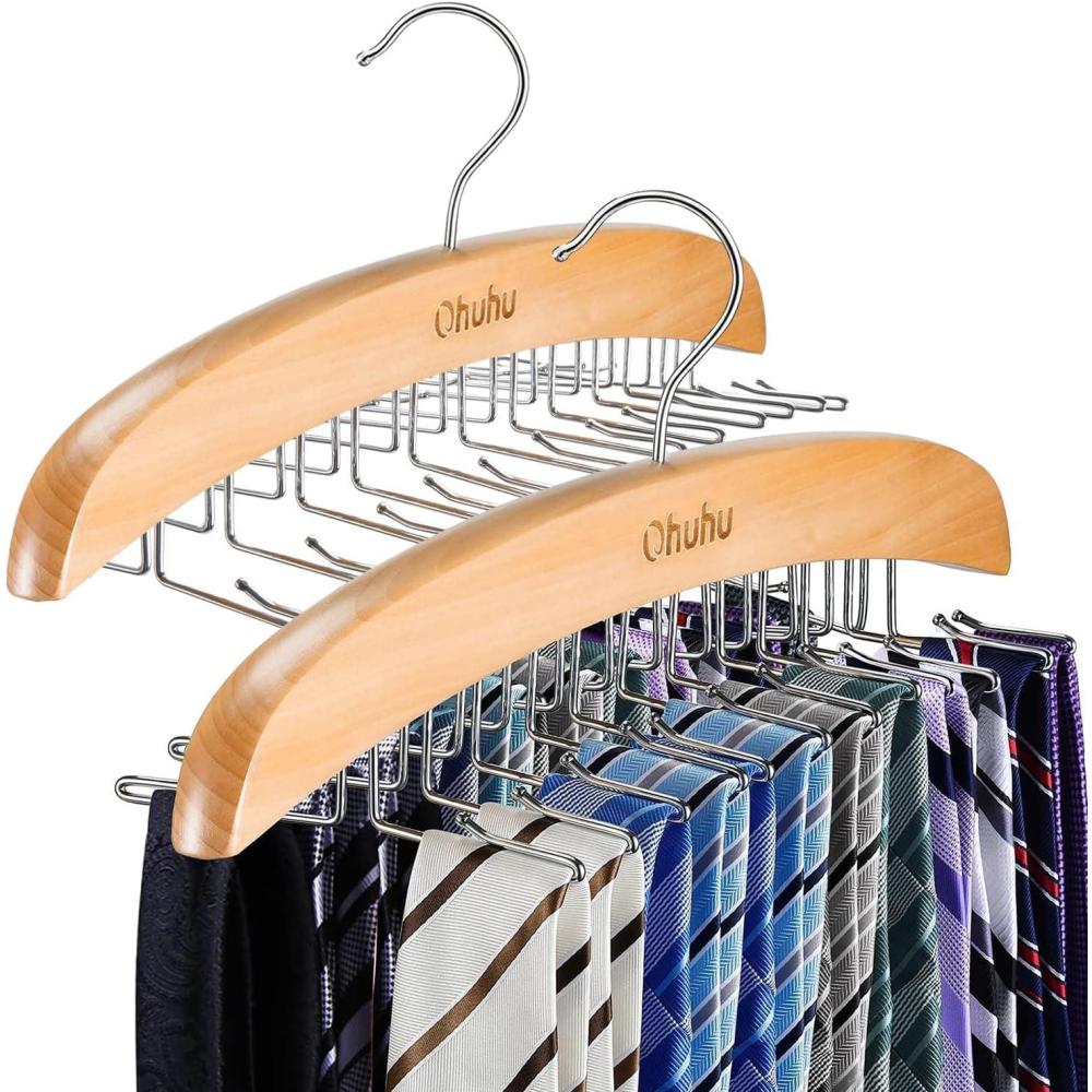imageTie Rack Hanger for Closet Ohuhu 2 Packs 24 Folding Hooks Tie Hangers for Men Wooden Tie Holder Organizer Space Saving Necktie Storage 360 Degree Rotating Ties Belts Scarves Tank TopsWalnutBurlywood2 Pack