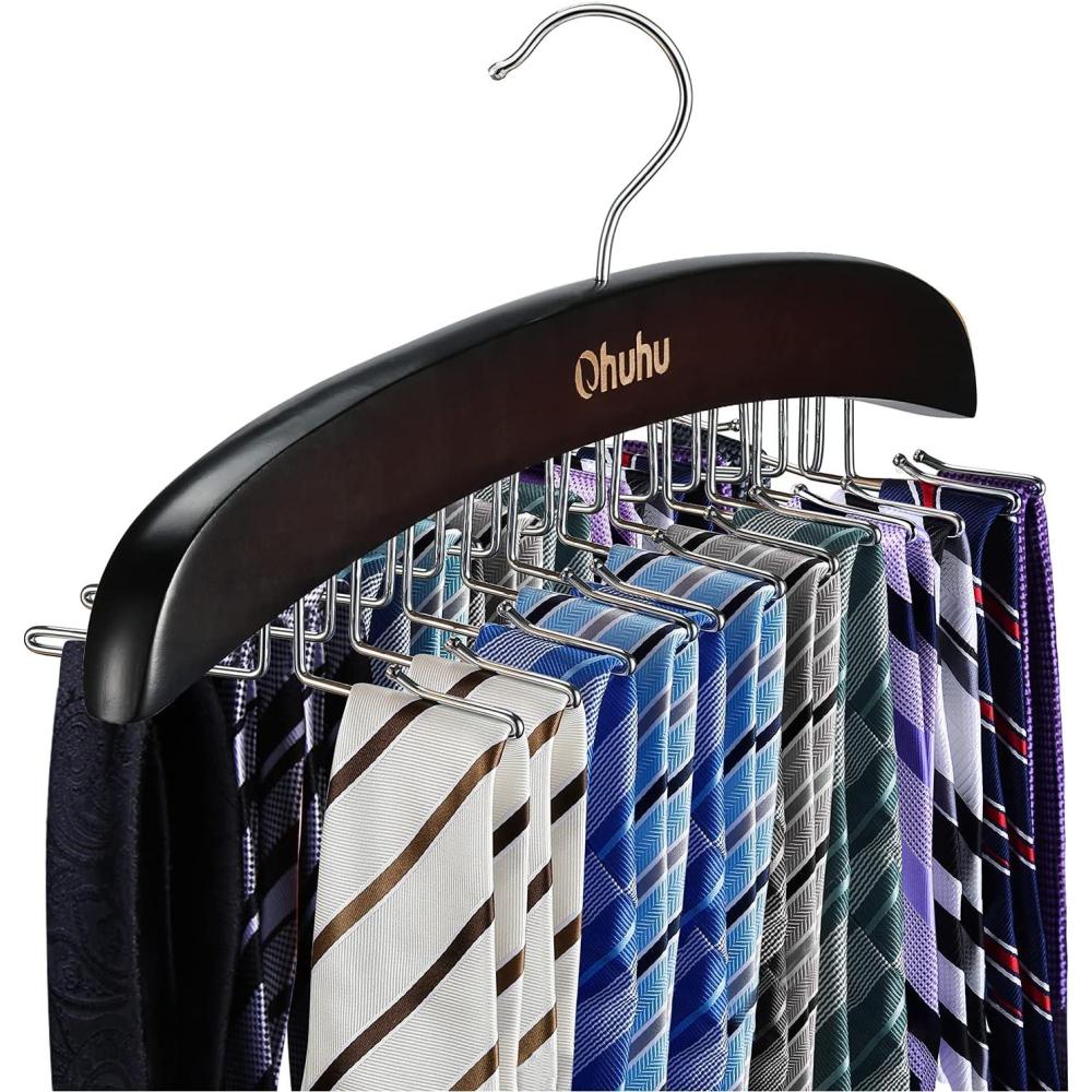 imageTie Rack Hanger for Closet Ohuhu 2 Packs 24 Folding Hooks Tie Hangers for Men Wooden Tie Holder Organizer Space Saving Necktie Storage 360 Degree Rotating Ties Belts Scarves Tank TopsWalnutWalnut