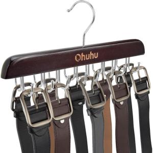 Belt Hanger Organizer for Closet: Ohuhu 16 Hooks Max 48 Belts Tie Rack Wooden Belt Holder for Storage 360 Degree Rotating Space Saver Organizer for Men Women Belt Tie Scarf Tank Top Accessories-Walnut