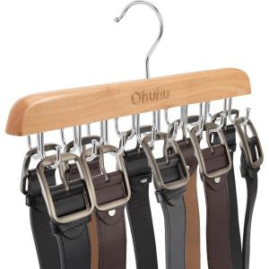 Belt Hanger Organizer for Closet: Ohuhu 16 Hooks Max 48 Belts Tie Rack Wooden Belt Holder for Storage 360 Degree Rotating Space Saver Organizer for Men Women Belt Tie Scarf Accessories-Burlywood