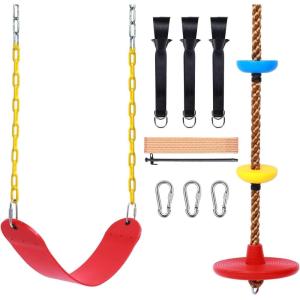 Ohuhu 2 Pack Swing Set for Tree, Heavy Duty Swing Seat & Climbing Rope Disc Swing, Outdoor Playground Backyard Flying Swing Toys for Kids Adults Swingset Accessories Included Snap Hook & Strap