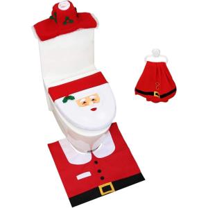 Ohuhu Christmas Santa Toilet Seat Cover, Upgrade 5 PCS Toilet Seat Cover and Rug Set with Towel and Hanging Hook, Santa Claus Toilet Seat for Christmas Decorations Bathroom Decor Red