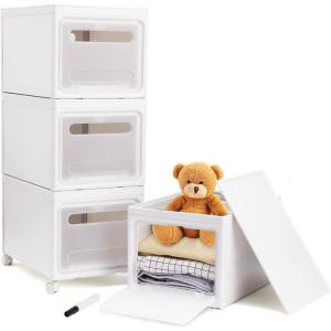 Ohuhu Storage Bins with Lids, Heavy Duty 3 Pack Plastic Storage Box, Front Opening Storage Cart, Compact Cube Organizer Bins with 4 wheels Stackable for Home Office Organization with Black Pen