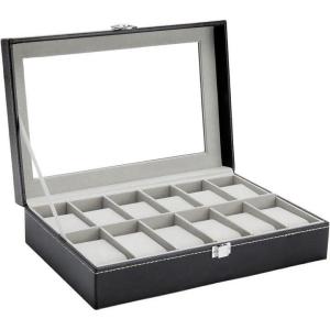 Ohuhu Watch Case Watch Box Watch Holder for Men 12 Slot PU Leather Watch Holder Real Glass Lid Jewelry Organizer Storage Soft Velvet Watch Display Case for Men Women Fathers Day Valentine’s Day Gifts