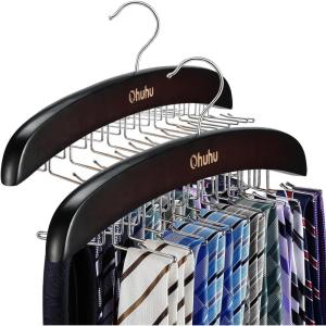 Tie Rack Hanger for Closet: Ohuhu 2 Packs 24 Folding Hooks Tie Hangers for Men Wooden Tie Holder Organizer Space Saving Necktie Storage 360 Degree Rotating Ties Belts Scarves Tank Tops-Walnut(Walnut-2 Pack)