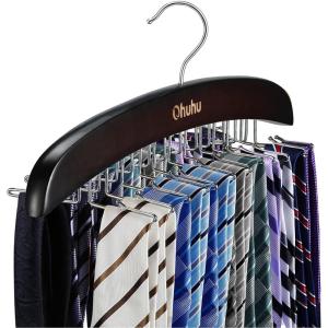 Tie Rack Hanger for Closet: Ohuhu 2 Packs 24 Folding Hooks Tie Hangers for Men Wooden Tie Holder Organizer Space Saving Necktie Storage 360 Degree Rotating Ties Belts Scarves Tank Tops-Walnut(Walnut)