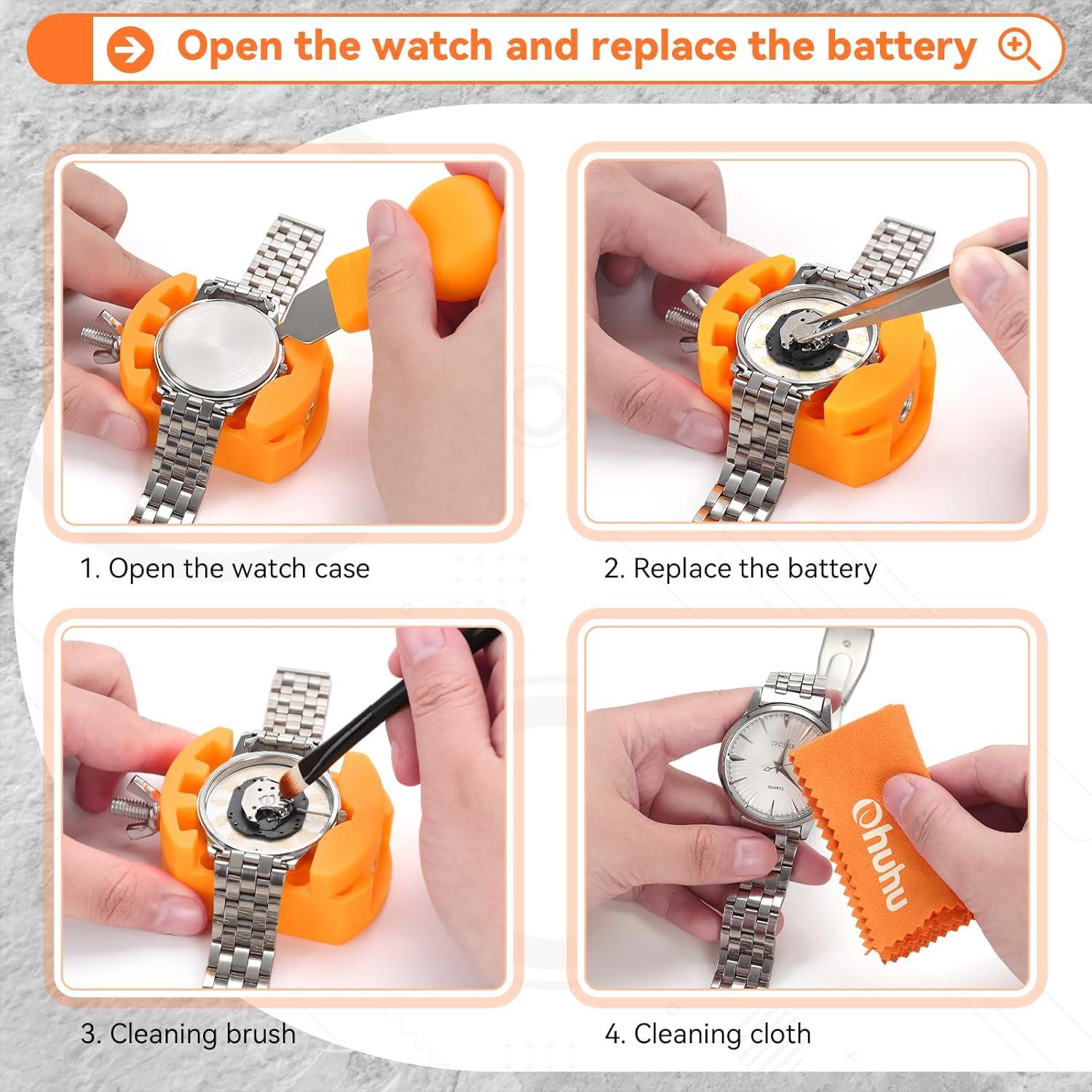 imageWatch Tool Kit Ohuhu 213 PCS Upgraded Heavy Duty Watch Repair Kit Battery Replacement Link Removal Band Tool Kits Professional Watch Back Case Opener Removal Tools with PU Leather Bag Fathers Day