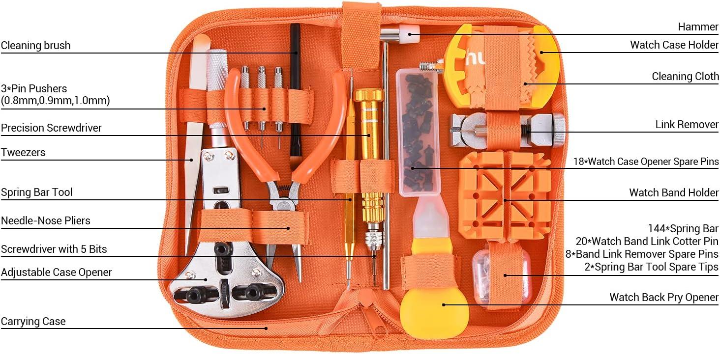 imageWatch Tool Kit Ohuhu 213 PCS Upgraded Heavy Duty Watch Repair Kit Battery Replacement Link Removal Band Tool Kits Professional Watch Back Case Opener Removal Tools with PU Leather Bag Fathers Day