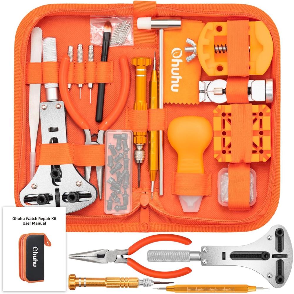 imageWatch Tool Kit Ohuhu 213 PCS Upgraded Heavy Duty Watch Repair Kit Battery Replacement Link Removal Band Tool Kits Professional Watch Back Case Opener Removal Tools with PU Leather Bag Fathers Day